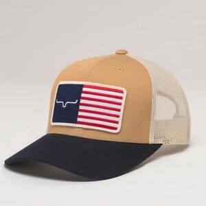 Kimes Ranch Tan and Navy Flag Patch Trucker Hat